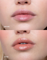 ; Before & after of the Limited Edition SPF Lip Gloss in Warm Sands