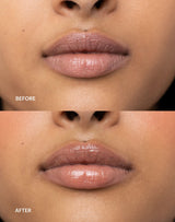 ; Before & after of the Limited Edition SPF Lip Gloss in Warm Sands