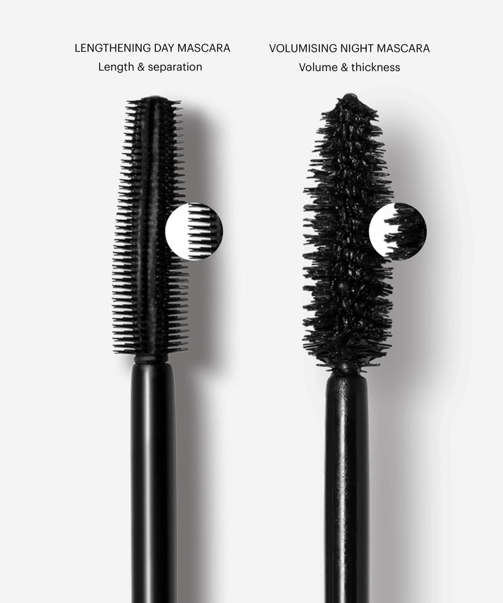 mascara; Black: Brush comparison of our Lengthening Day Mascara and Volumising Night Mascara