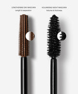 mascara; Brown: Brush comparison of our Lengthening Day Mascara and Volumising Night Mascara