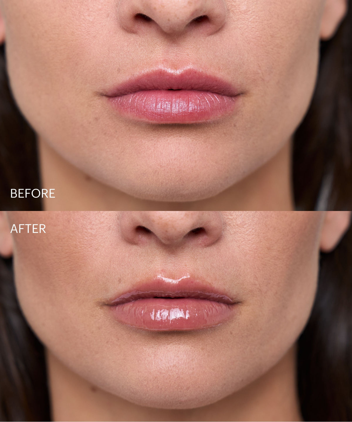 lip-gloss-spf-15-off-duty-limited-edition; off-duty: Before & after of the Limited Edition Lip Gloss in Off Duty