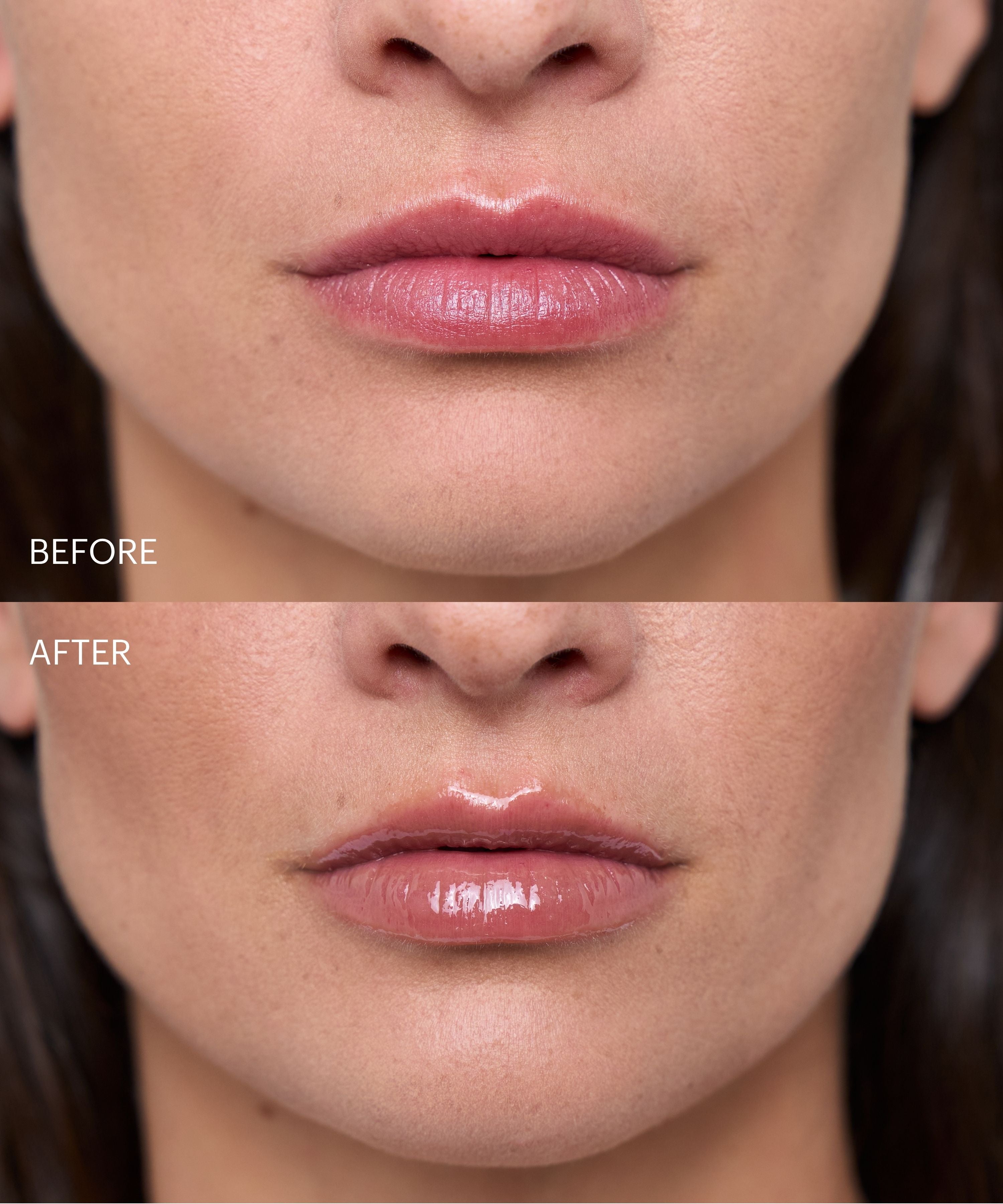 lip-gloss-spf-15-off-duty-limited-edition; off-duty: Before & after of the Limited Edition Lip Gloss in Off Duty