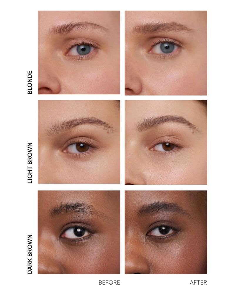 ; Before/After with the three colors of the Fluffy Brow Filler 