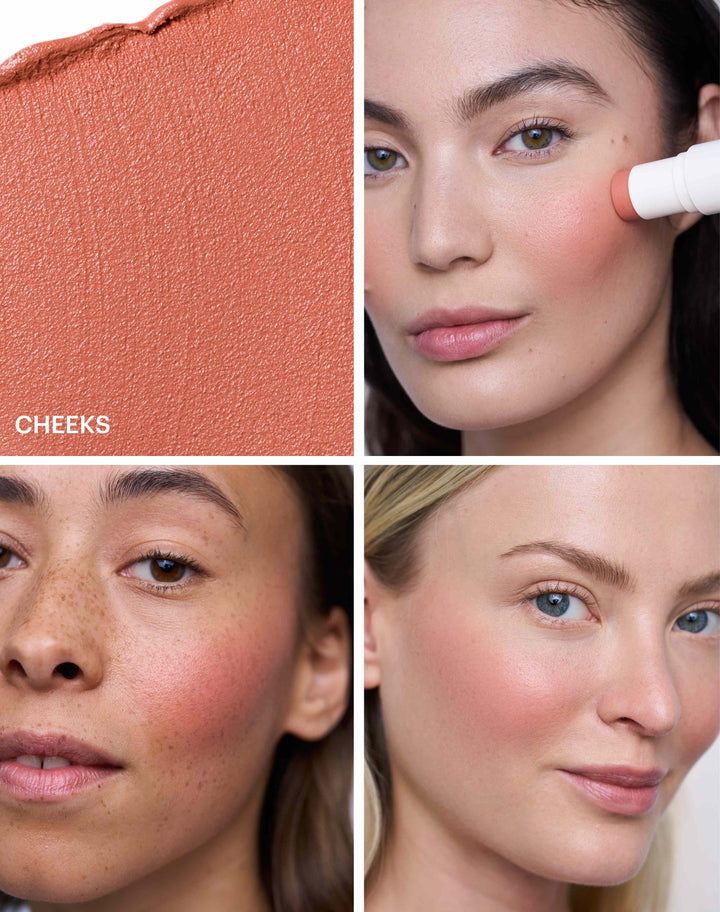 mono-stick; cheeks-blush: A warm rose-nude with peach undertones