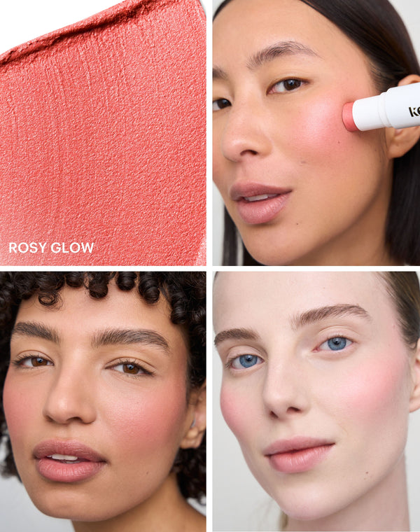 rosy glow blush; 2-in-1 Glowy Blush: A fresh peachy pink with a touch of coral and a cool-toned glow