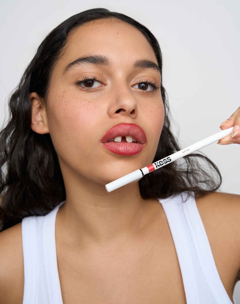 soft red; Louisa wears the Soft Shape Lip Liner in Soft Red