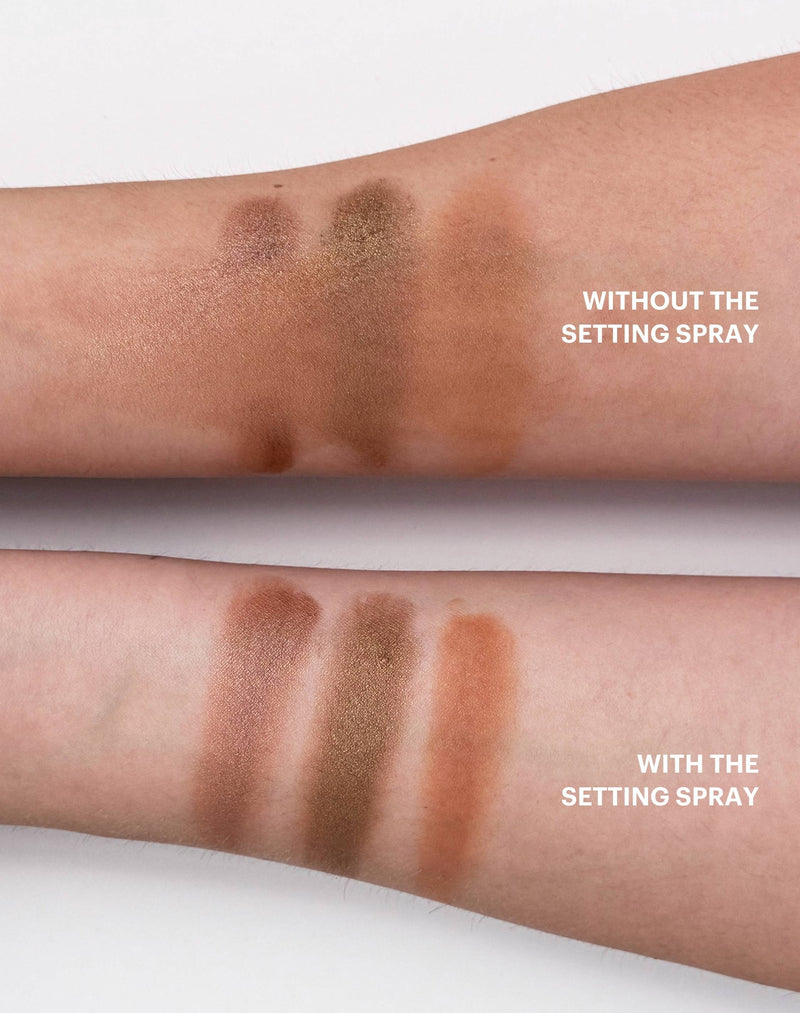 ; Longevity of Make Ups shown on swatches without and with Set & Go Setting Spray