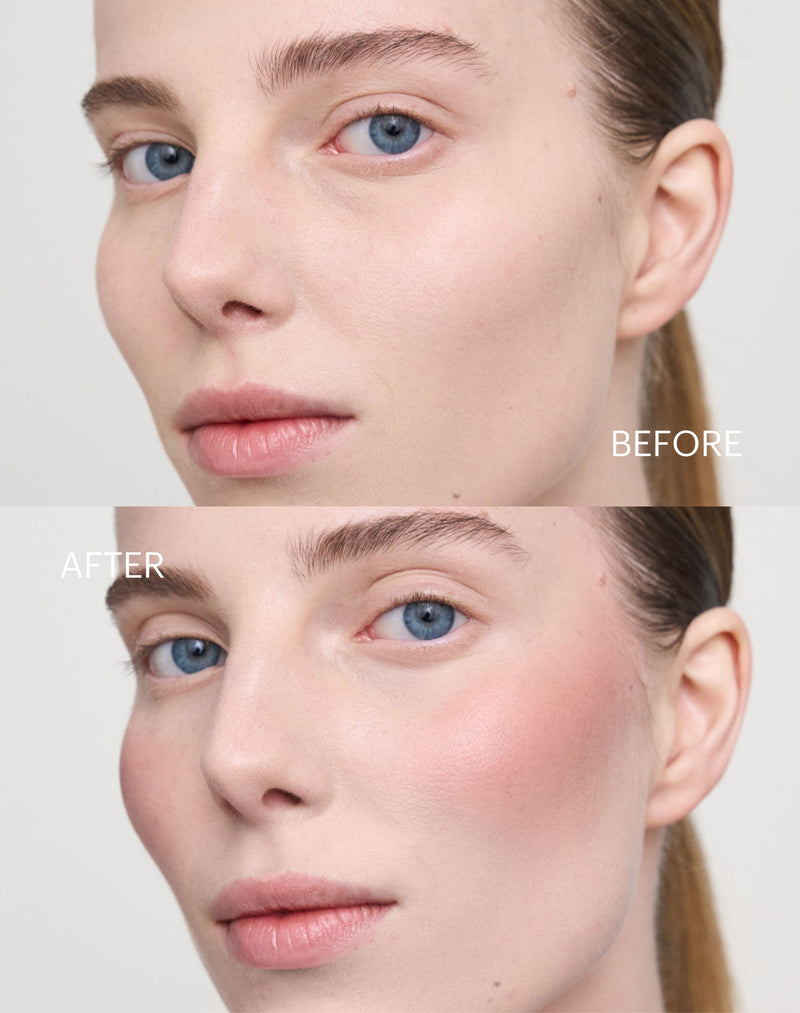 ; Paula showing the Before & After of the Bronzy Glow Blush