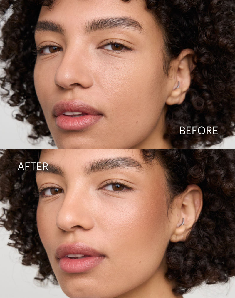 bronzy glow blush; Mariam showing the Before & After of the Bronzy Glow Blush