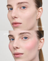 ; Paula showing the Before & After of the Rosy Glow Blush