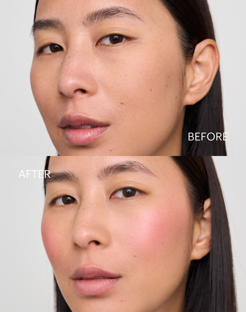 rosy glow blush; Ahn showing the Before & After of the Rosy Glow Blush