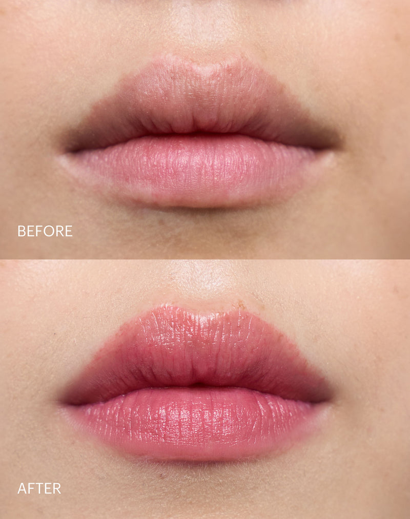 Kiss; Before & after of the Triple Tint Lip Balm in Kiss