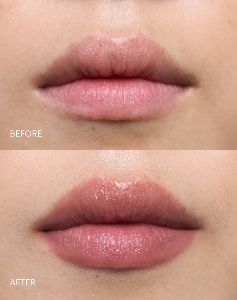 Naked; Before & after of the Triple Tint Lip Balm in Naked