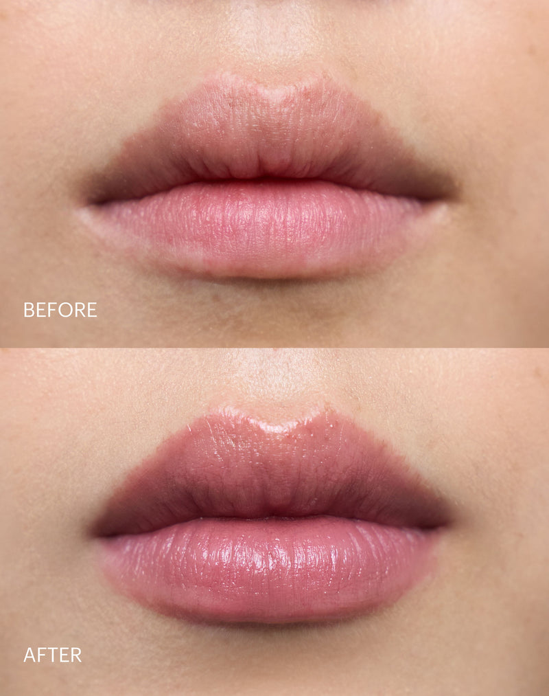 Nudie; Before & after of the Triple Tint Lip Balm in Nudie