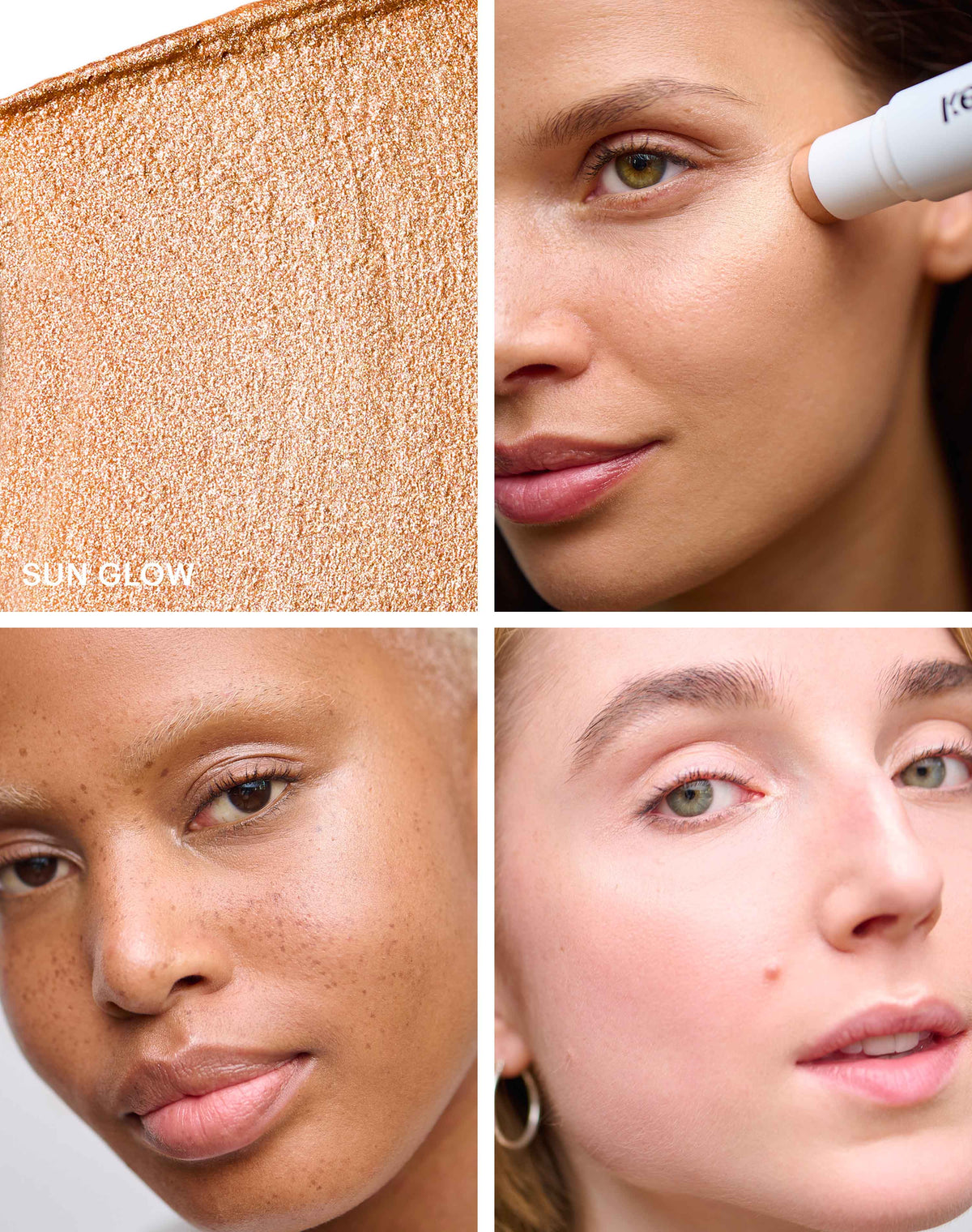 blush-glow-duo-stick-your-choice; sun-glow-highlighter: Delicately shimmering copper-peach shade with rose gold undertones