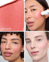 rosy glow blush; 2-in-1 Glowy Blush: Een fris perzikroze met een vleugje koraal en een koele gloed