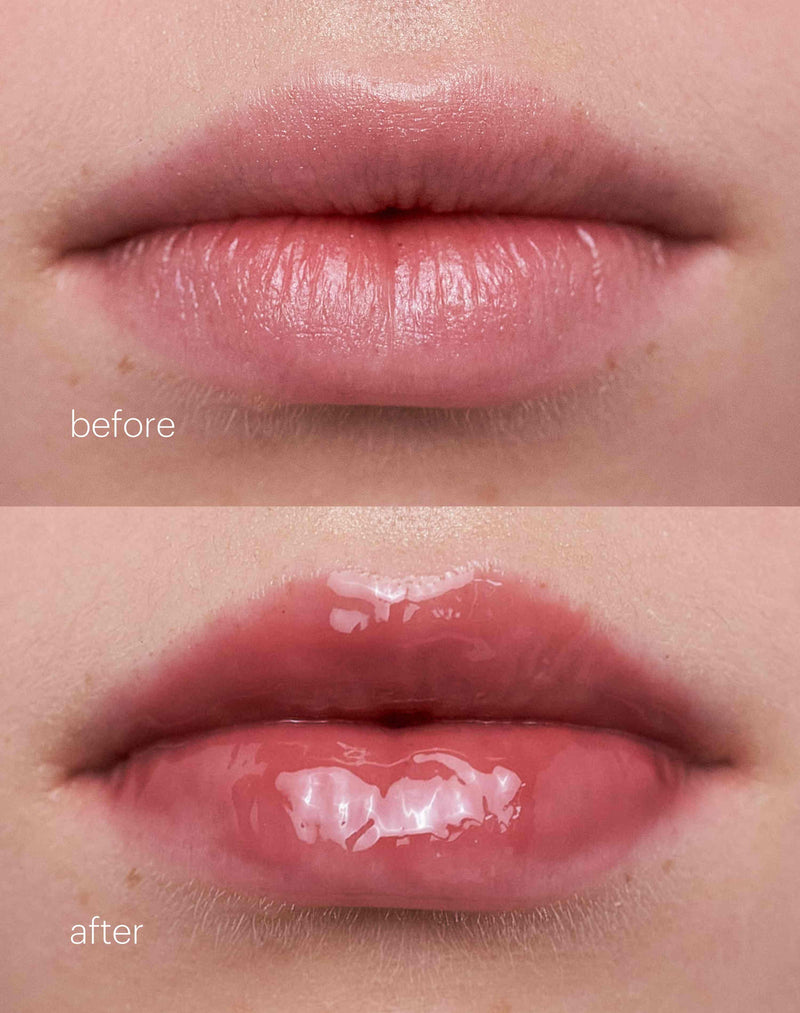 dżem; Przed i po zastosowaniu olejków do ust Jelly Treat Lip Oils w odcieniu dżemu
